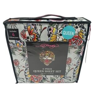 Ed Hardy Floral Queen Sheet Set - Multicolor Butterfly Skulls Roses